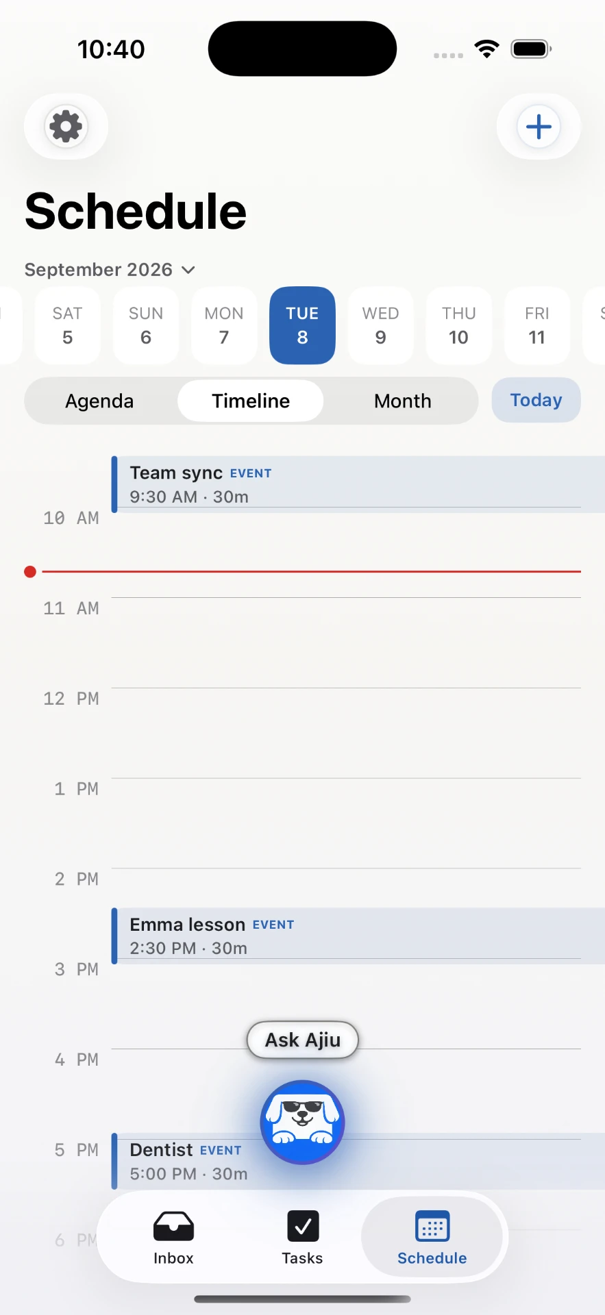 The Ajiu schedule showing Team sync, Emma lesson and Dentist on a timeline.