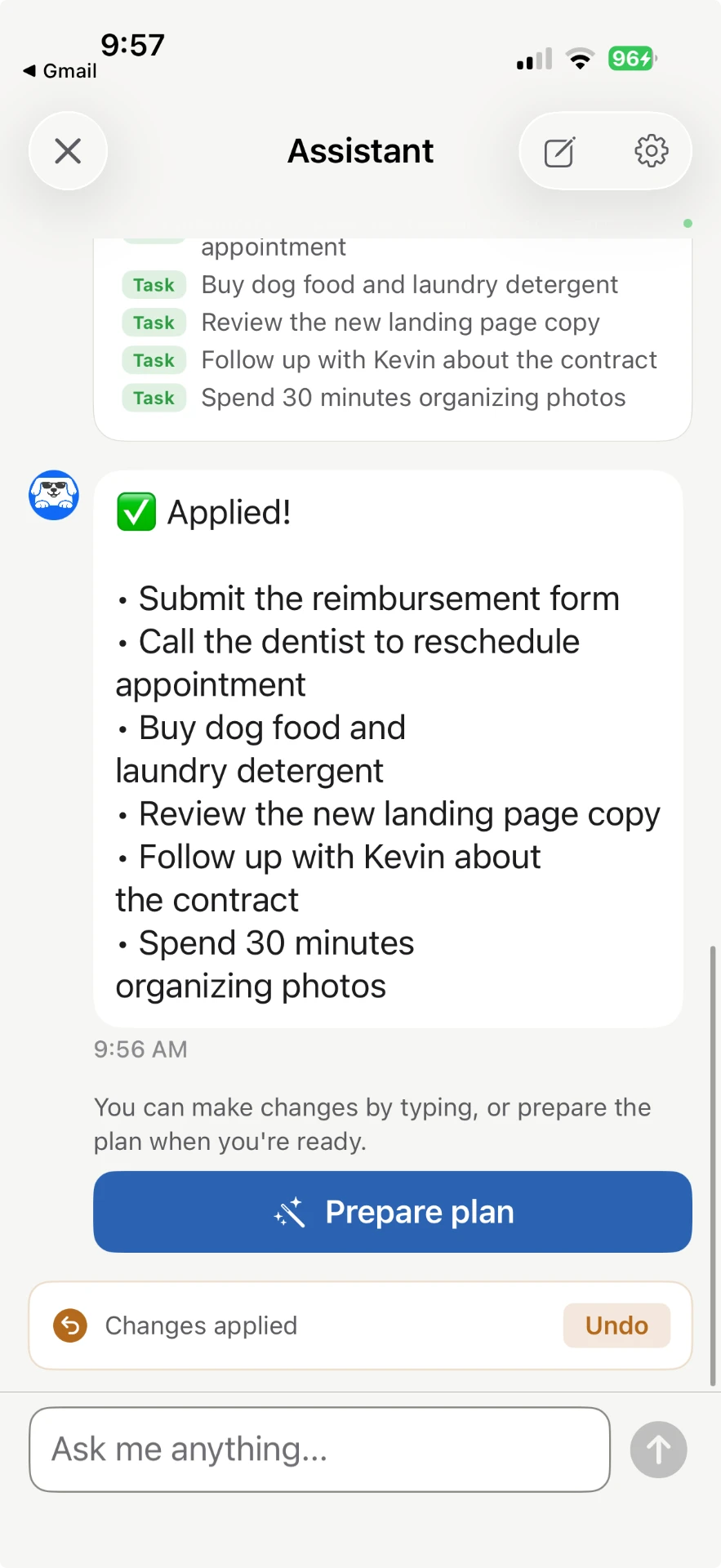 Ajiu turning a conversation into events and tasks, ready to prepare a plan.