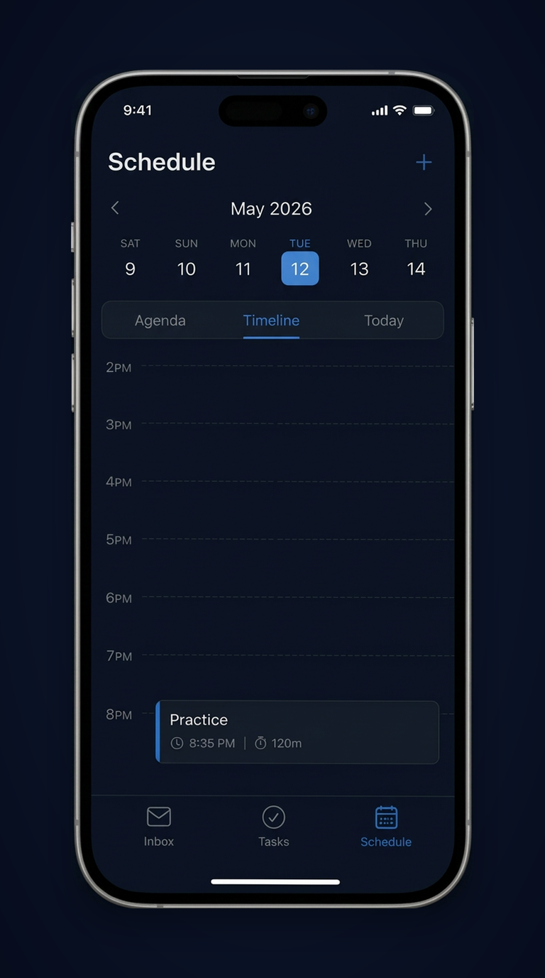 The Ajiu schedule view showing today's plans and what's coming next.