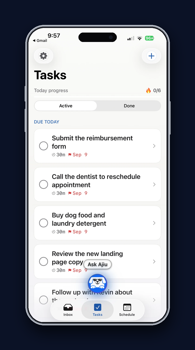 The Ajiu tasks list capturing to-dos and follow-ups as they come up during the week.
